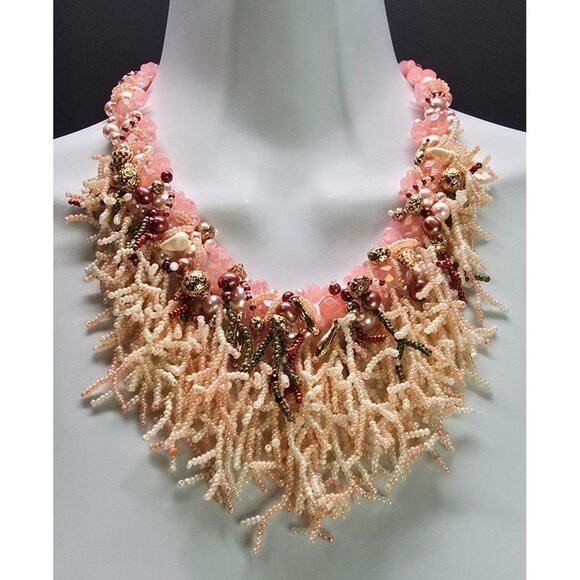 Crafted Gemstone Coral inspired Beaded Waterfall Pink Cream Necklace Earring Set - Picture 1 of 13